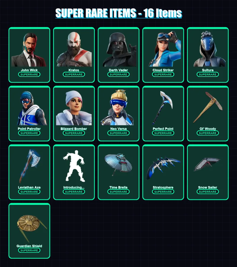 [PS4/PS5/XBOX/PC] | John Wick | Kratos | Darth Vader | Cloud Striker | Sultura | 278 skin | 307 pickaxe | 193 emote | 237 glider | Lv3999
