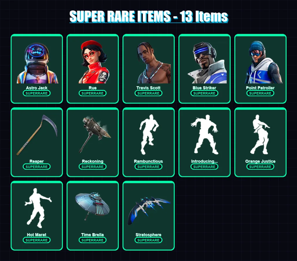 [PS4/PS5/XBOX/PC] | Astro Jack | Rue | Travis Scott | Blue Striker | Point Patroller | 146 skin | 113 pickaxe | 144 emote | 102 glider | Lv2011