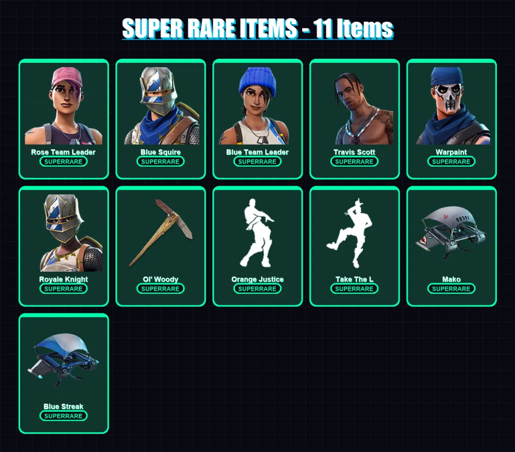 [PS4/PS5/XBOX/PC] | Rose Team Leader | Blue Squire | Blue Team Leader | Travis Scott | Warpaint | 57 skin | 59 pickaxe | 64 emote | 63 glider | Lv11 — Fortnite account