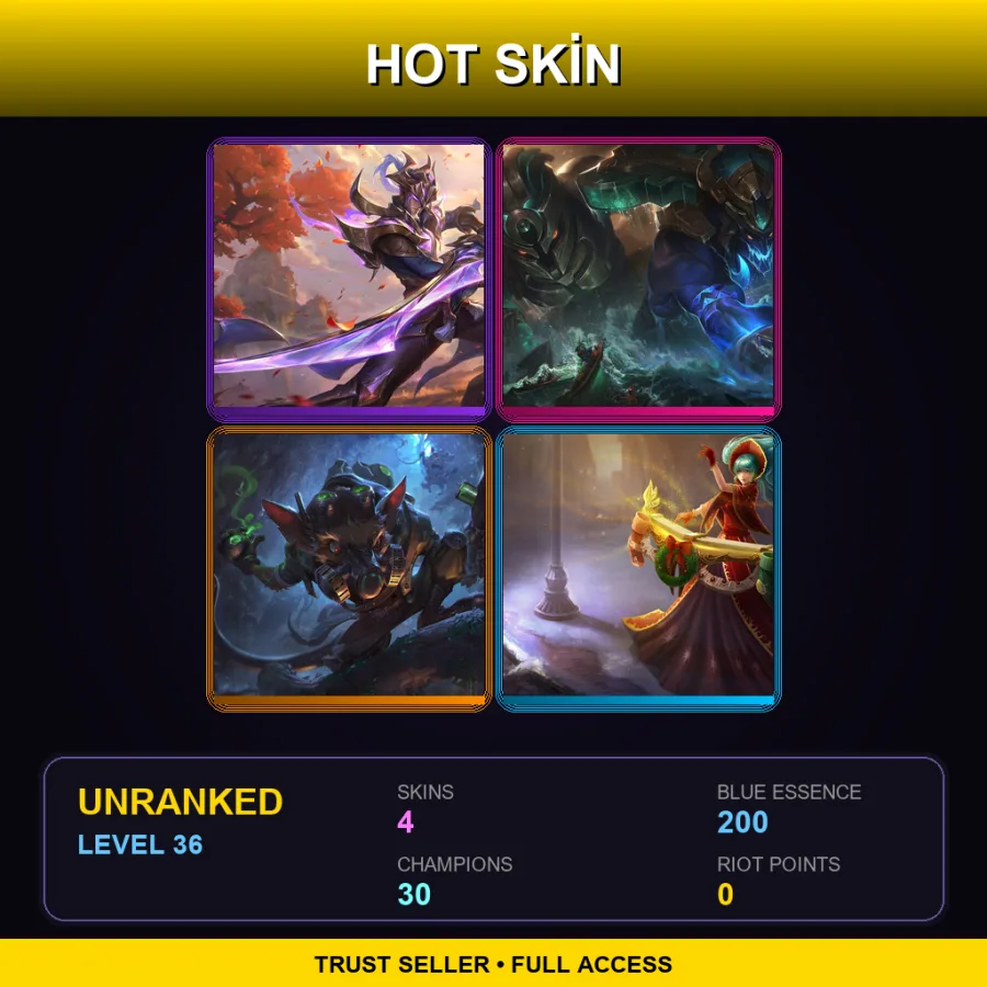 EUW | Lv36 | Unranked | 4 Skin | 30 Champ — LoL account