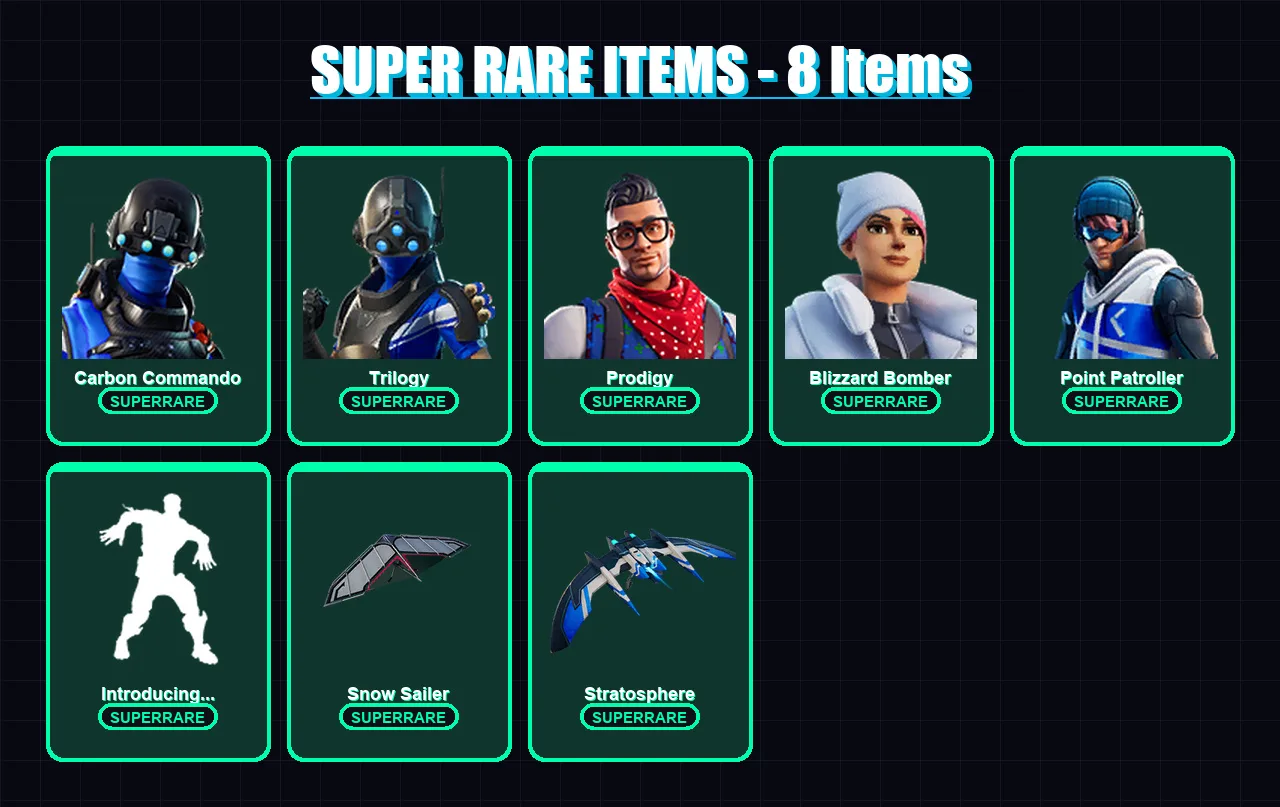 [SWITCH/XBOX/PC] | Carbon Commando | Trilogy | Prodigy | Blizzard Bomber | Point Patroller | 34 skin | 27 pickaxe | 24 emote | 25 glider | Lv144