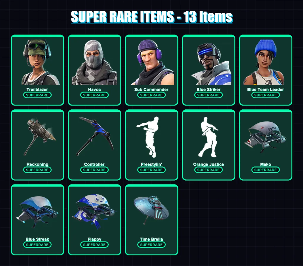[PS4/PS5/XBOX/PC] | Trailblazer | Havoc | Sub Commander | Blue Striker | Blue Team Leader | 54 skin | 51 pickaxe | 52 emote | 63 glider | Lv1001