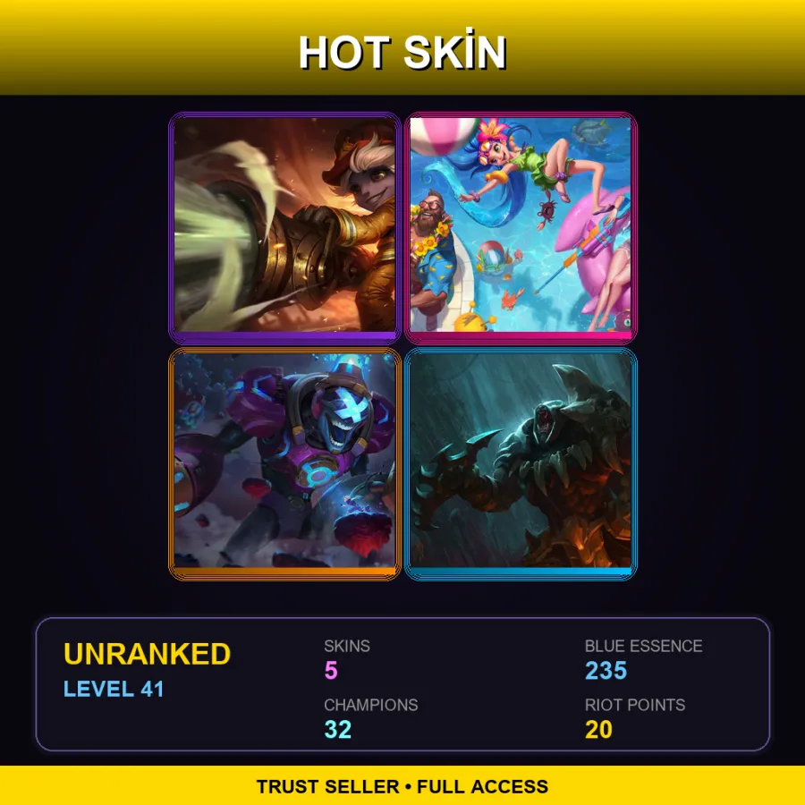 EUW | Firefighter Tristana | Pool Party Caitlyn | Battle Boss Brand | Headhunter Rengar | 5 Skin | 32 Champ | Lv41