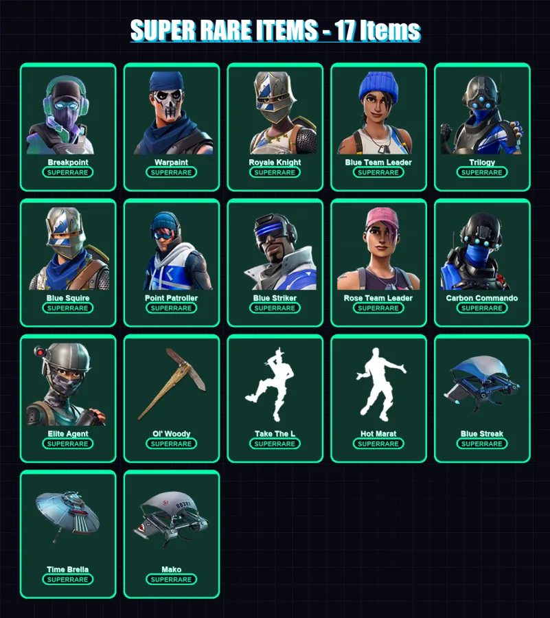 [PC/XBOX] | Breakpoint | Warpaint | Royale Knight | Blue Team Leader | Trilogy | 96 skin | 96 pickaxe | 116 emote | 103 glider | Lv1556