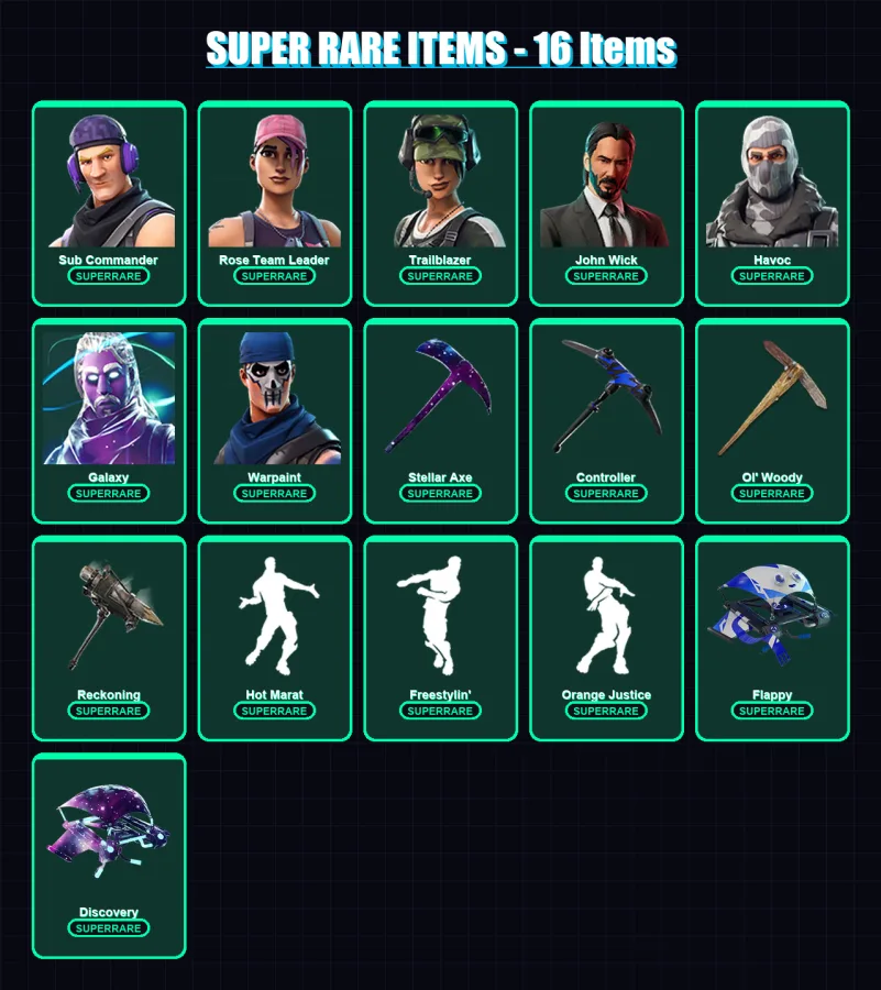 [PC] | Sub Commander | Rose Team Leader | Trailblazer | John Wick | Havoc | 92 skin | 75 pickaxe | 72 emote | 76 glider | Lv777