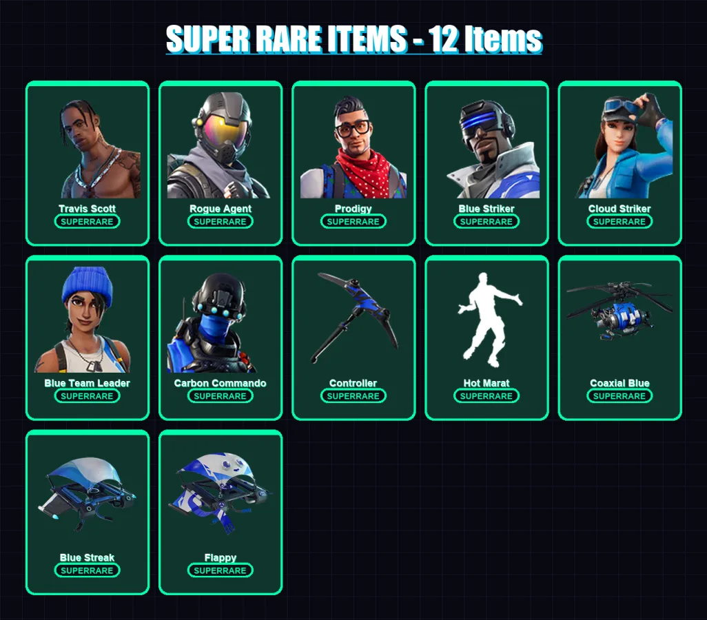 [PS4/PS5/XBOX/PC] | Travis Scott | Rogue Agent | Prodigy | Blue Striker | Cloud Striker | 130 skin | 207 pickaxe | 139 emote | 163 glider | Lv2291