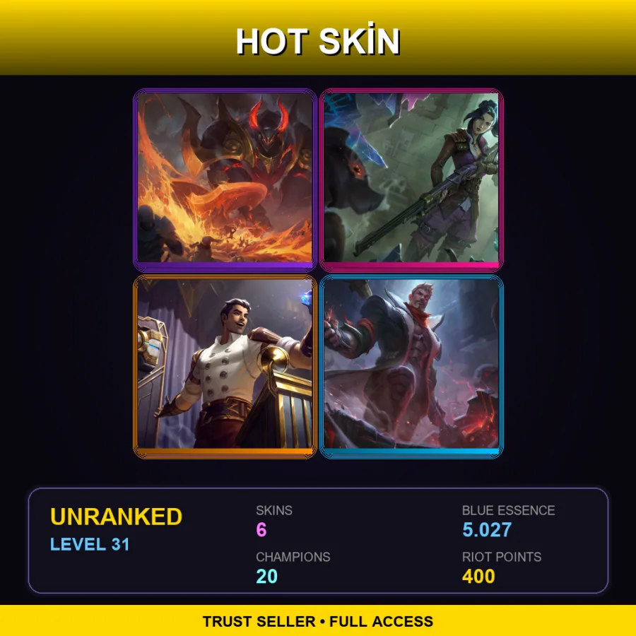 NA | Infernal Mordekaiser | Arcane Enforcer Caitlyn | Arcane Inventor Jayce | Resistance Jayce | 6 Skin | 20 Champ | Lv31