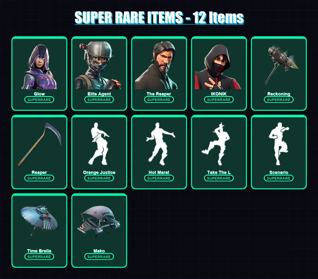 [PC/XBOX/PSN] | Glow | Elite Agent | The Reaper | IKONIK | Rox | 96 skin | 136 pickaxe | 123 emote | 139 glider | Lv2665