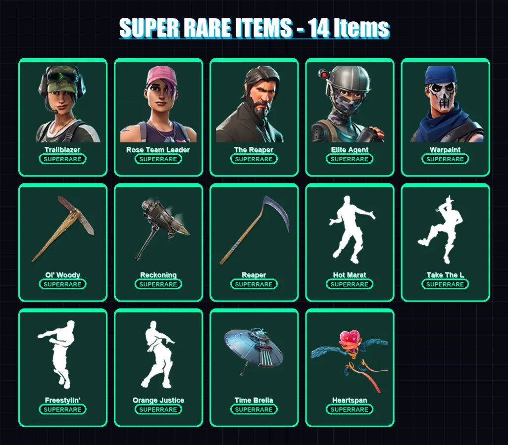 [PC/PSN] | Trailblazer | Rose Team Leader | The Reaper | Elite Agent | Warpaint | 52 skin | 69 pickaxe | 70 emote | 71 glider | Lv970