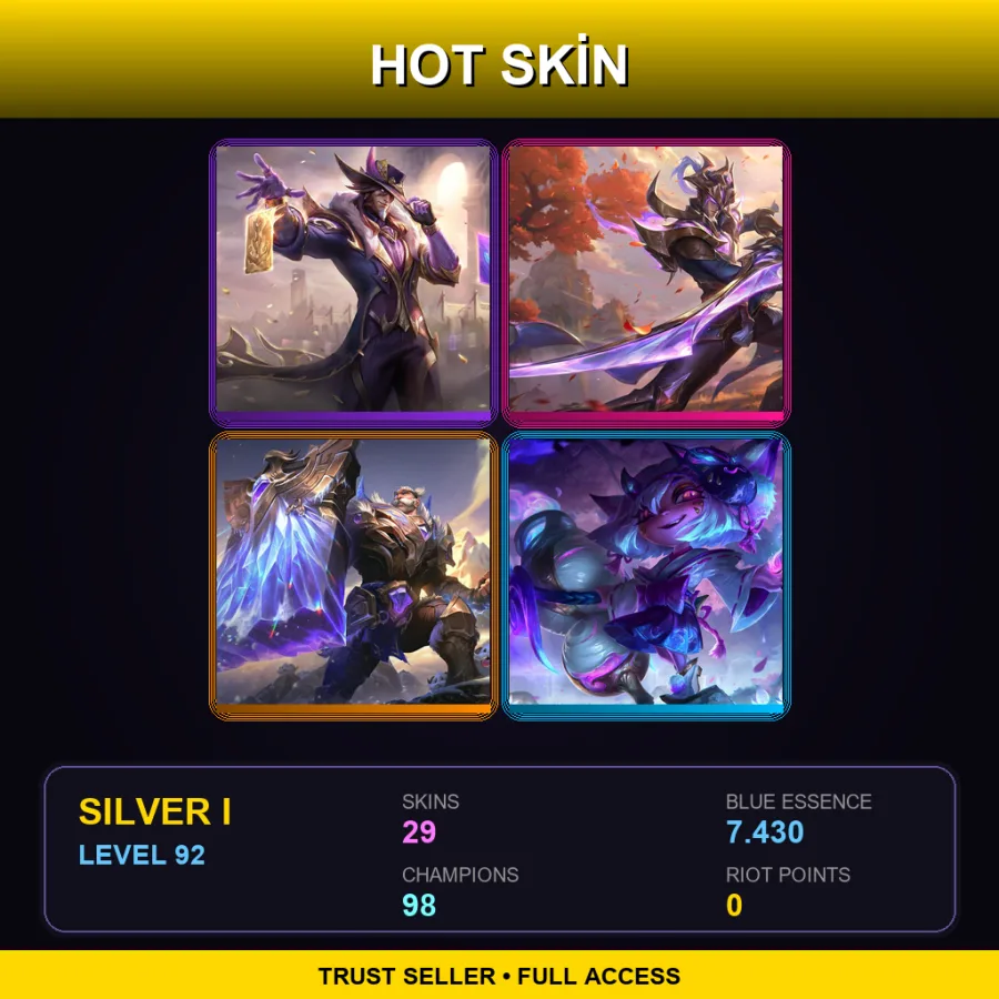 EUW | Victorious Twisted Fate | Victorious Master Yi | Victorious Braum | Spirit Blossom Tristana | 29 Skin | 98 Champ | Silver I | Lv92