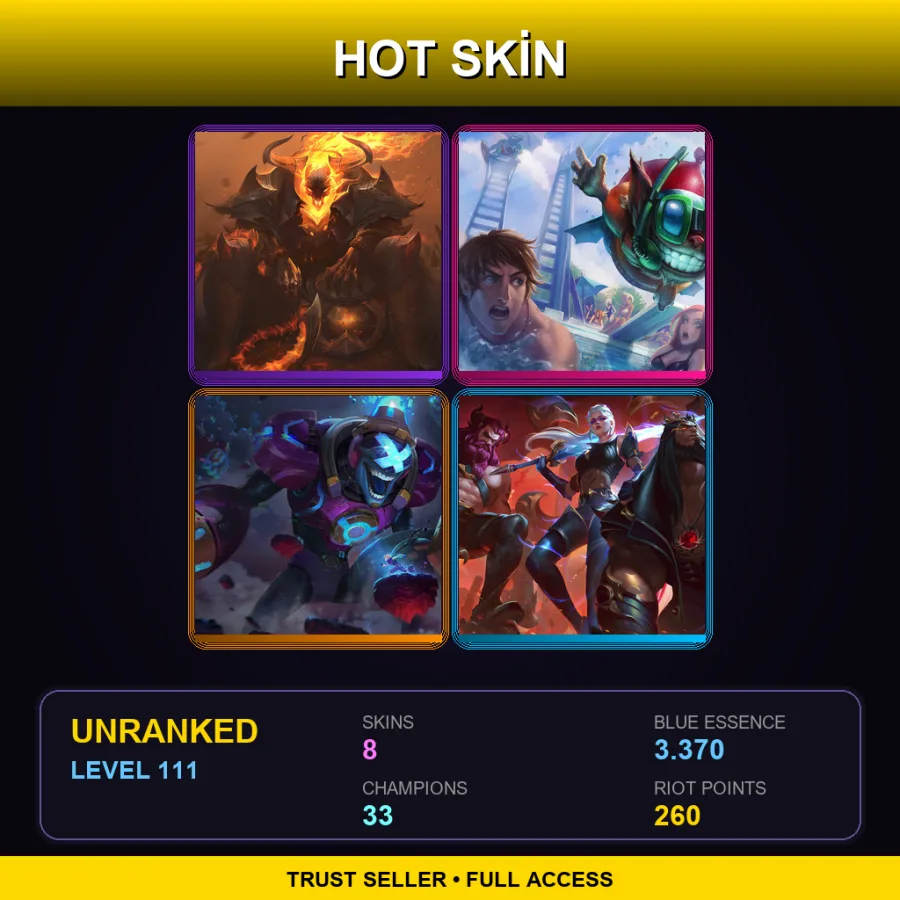 EUW | Lv111 | Unranked | 8 Skin | 33 Champ