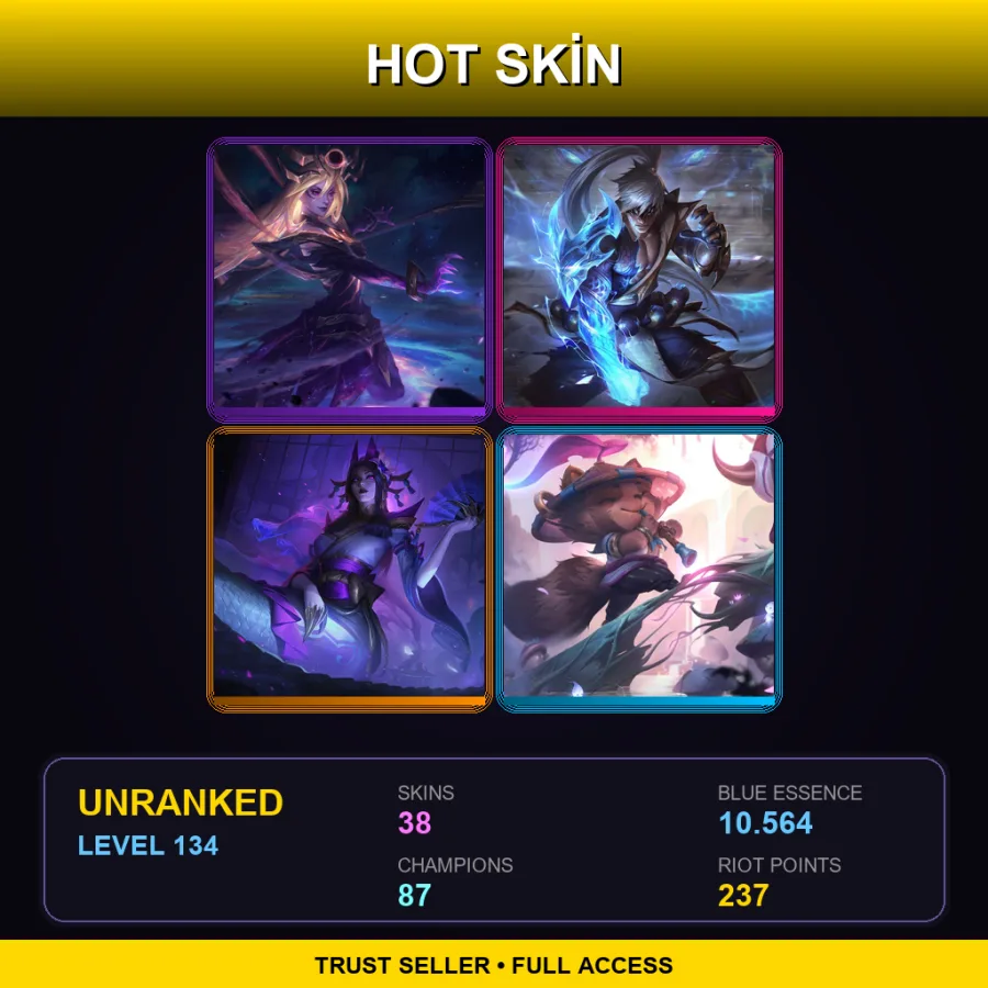 EUW | Lv134 | Unranked | 38 Skin | 87 Champ — LoL account