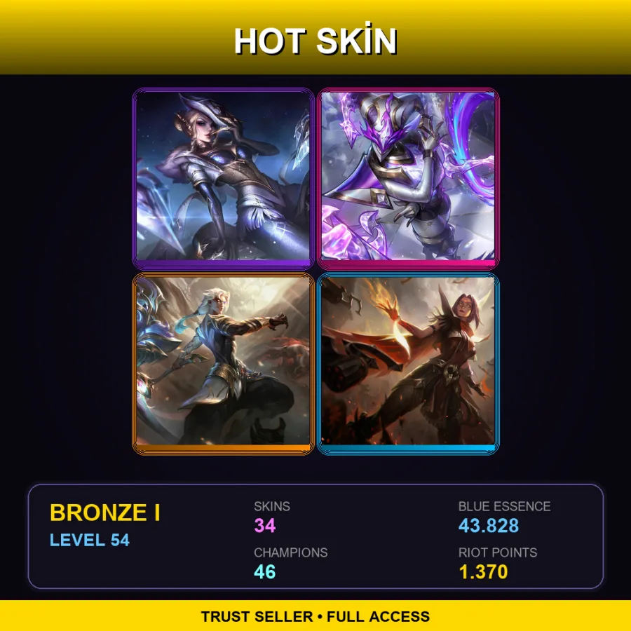 EUW | Prestige High Noon Evelynn | Prestige Soul Fighter Shaco | Prestige Nightbringer Kayn | High Noon Irelia | 34 Skin | 46 Champ | Bronze I | Lv54