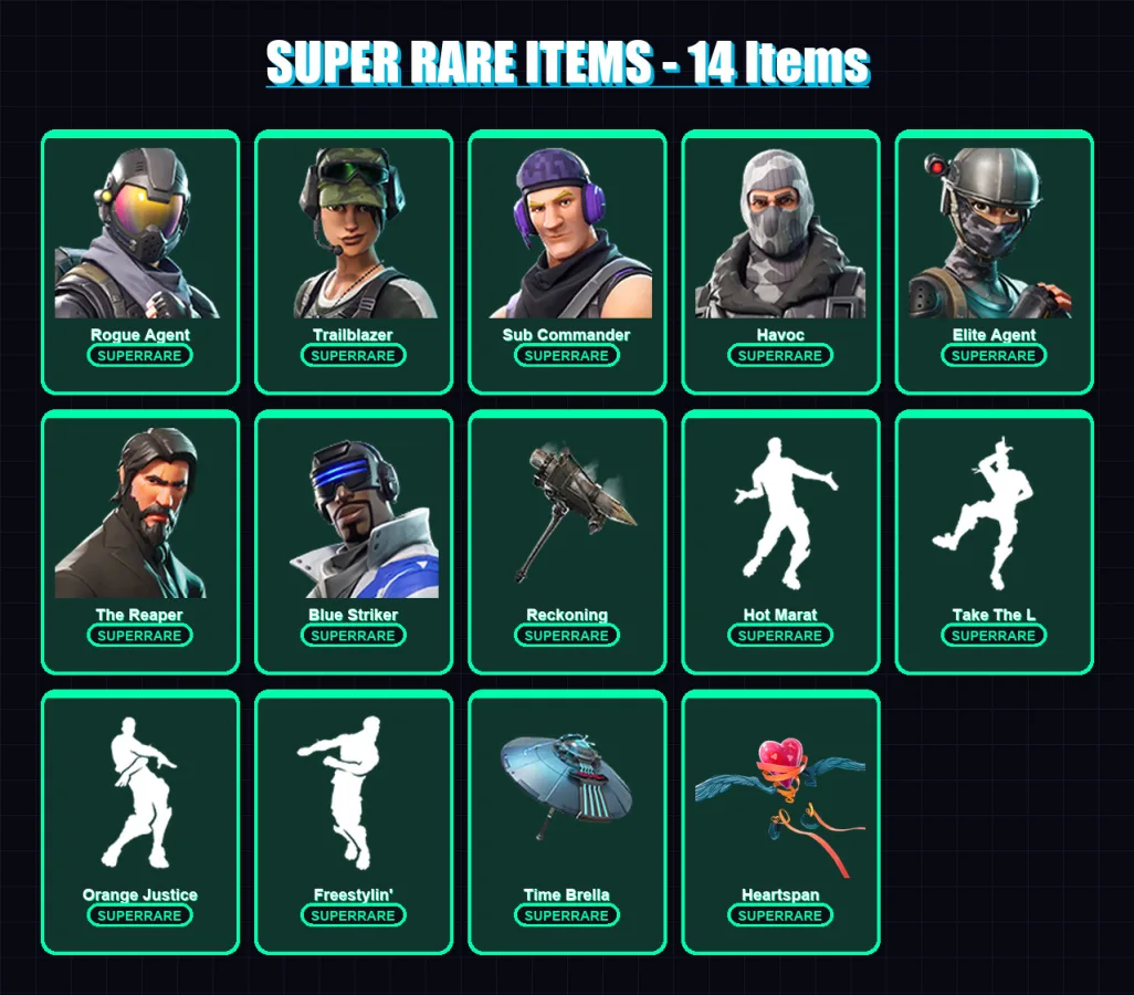 [PC] | Rogue Agent | Trailblazer | Sub Commander | Havoc | Elite Agent | 84 skin | 94 pickaxe | 93 emote | 111 glider | Lv1957 — Fortnite account