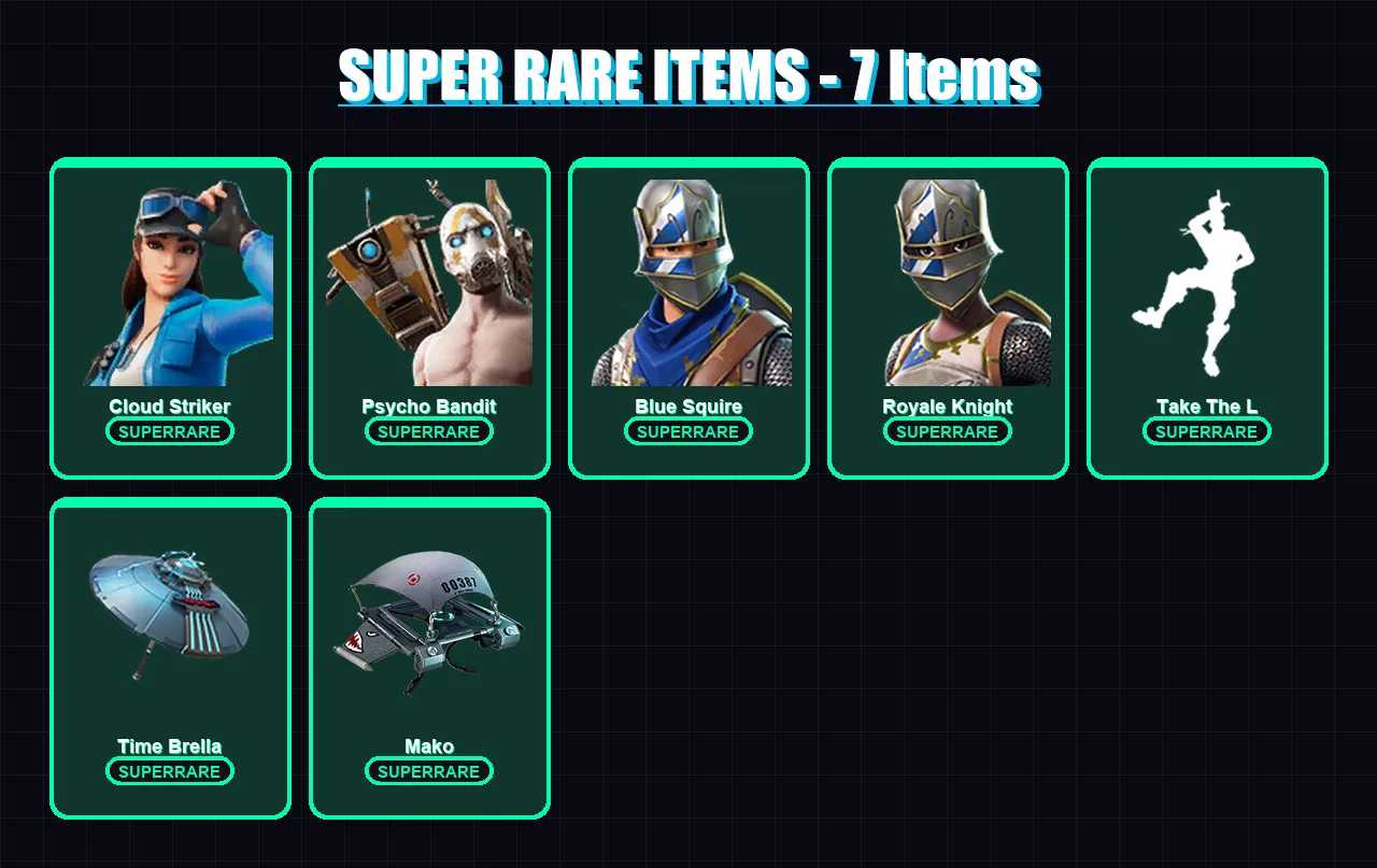 [PC/XBOX/PSN] | Cloud Striker | Psycho Bandit | Blue Squire | Royale Knight | Deadpool | 115 skin | 160 pickaxe | 151 emote | 125 glider | Lv2210