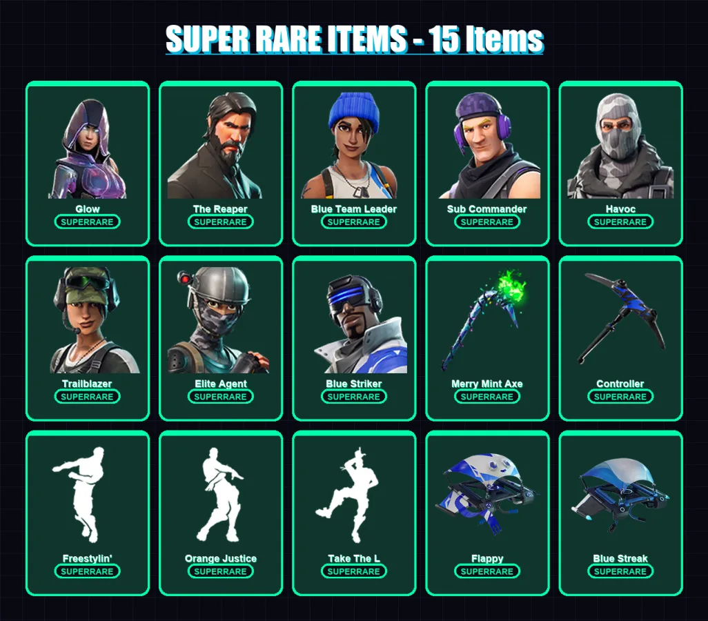 [PC/XBOX/PSN] | Glow | The Reaper | Blue Team Leader | Sub Commander | Havoc | 86 skin | 76 pickaxe | 70 emote | 75 glider | Lv1239