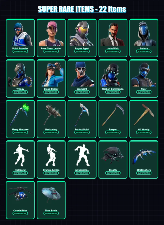 [PC/XBOX/PSN] | Point Patroller | Rose Team Leader | Rogue Agent | John Wick | Sultura | 74 skin | 87 pickaxe | 72 emote | 76 glider | Lv1293