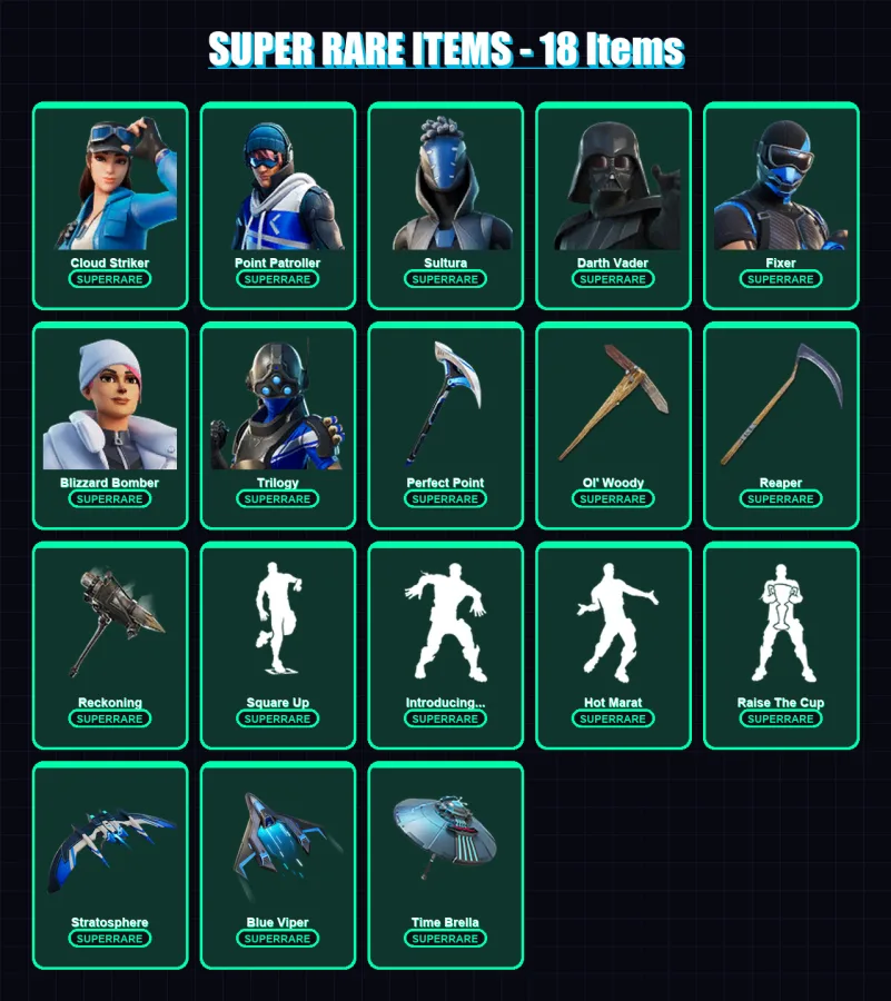 [PS4/PS5/XBOX/PC] | Cloud Striker | Point Patroller | Sultura | Darth Vader | Fixer | 310 skin | 308 pickaxe | 225 emote | 216 glider | Lv3428