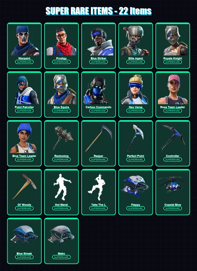 [PC/XBOX/PSN] | Warpaint | Prodigy | Blue Striker | Elite Agent | Royale Knight | 50 skin | 54 pickaxe | 52 emote | 59 glider | Lv741