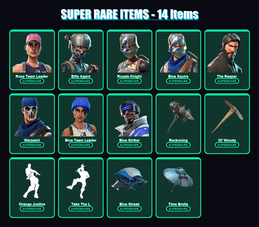 [PS4/PS5/XBOX/PC] | Rose Team Leader | Elite Agent | Royale Knight | Blue Squire | The Reaper | 61 skin | 51 pickaxe | 83 emote | 53 glider | Lv635
