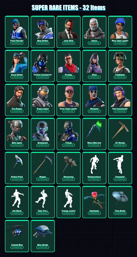 [PS4/PS5/XBOX/PC] | Point Patroller | Blue Striker | John Wick | Havoc | Blue Team Leader | 162 skin | 101 pickaxe | 162 emote | 83 glider | Lv1082
