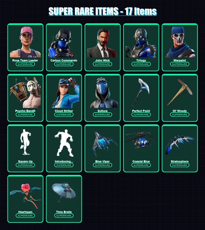 [PC] | Rose Team Leader | Carbon Commando | John Wick | Trilogy | Warpaint | 122 skin | 130 pickaxe | 128 emote | 93 glider | Lv1073