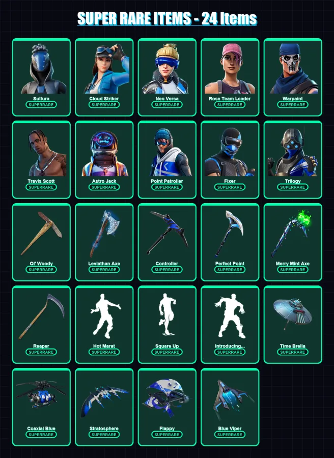 [PC/XBOX] | Sultura | Cloud Striker | Neo Versa | Rose Team Leader | Warpaint | 106 skin | 125 pickaxe | 102 emote | 97 glider | Lv1042