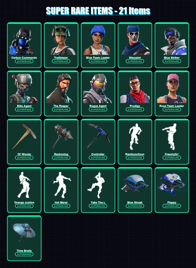 [PC/XBOX/PSN] | Carbon Commando | Trailblazer | Blue Team Leader | Warpaint | Blue Striker | 92 skin | 94 pickaxe | 123 emote | 93 glider | Lv1723