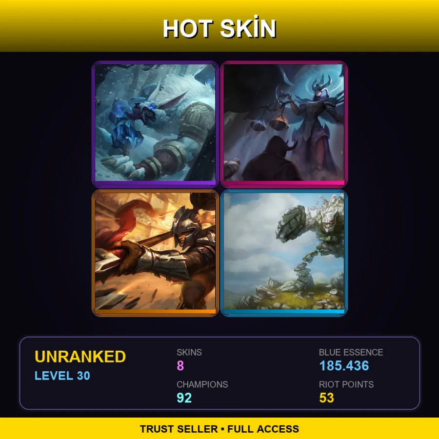 NA | Tundra Hunter Warwick | Judgment Kayle | Viscero Xin Zhao | Marble Malphite | 8 Skin | 92 Champ | Lv30