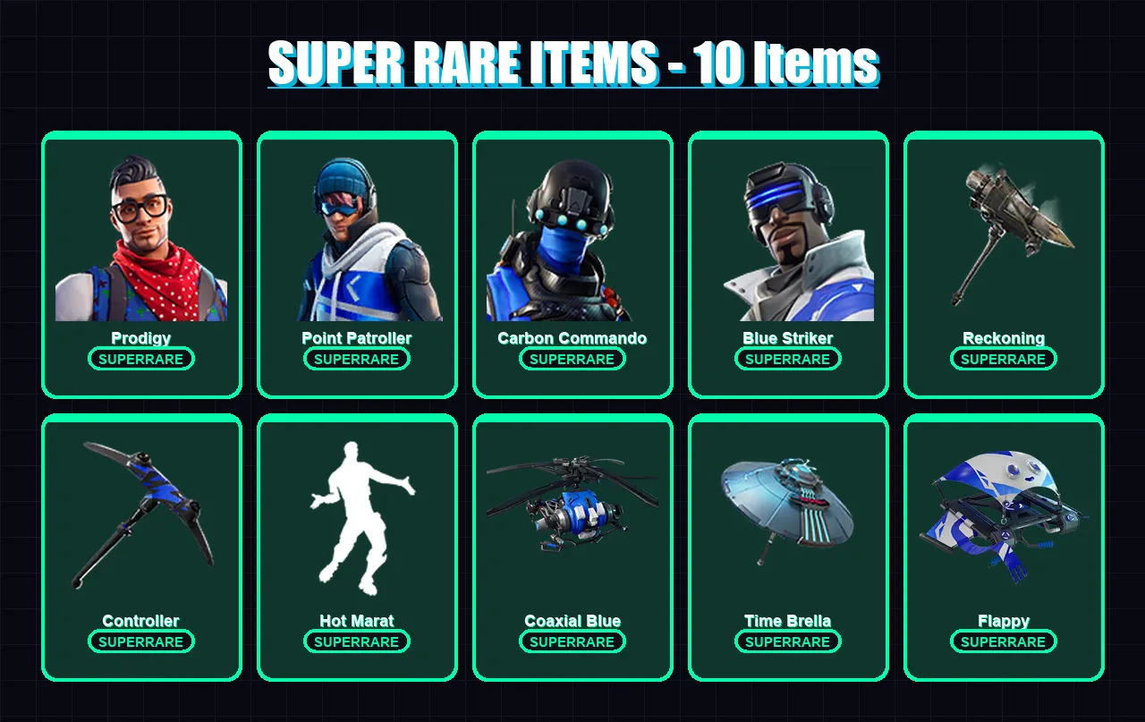 [PS4/PS5/XBOX/PC] | Prodigy | Point Patroller | Carbon Commando | Blue Striker | Zenith | 30 skin | 52 pickaxe | 53 emote | 59 glider | Lv845