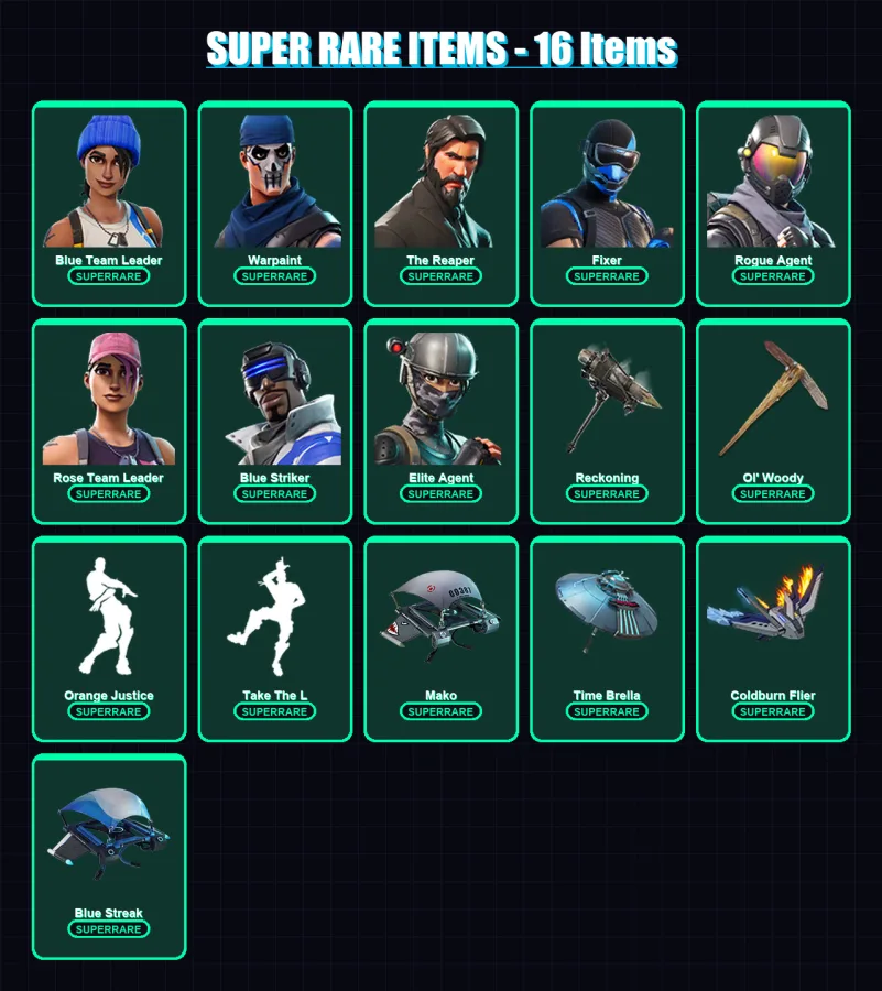 [PC/XBOX] | Blue Team Leader | Warpaint | The Reaper | Fixer | Rogue Agent | 115 skin | 102 pickaxe | 132 emote | 97 glider | Lv1230