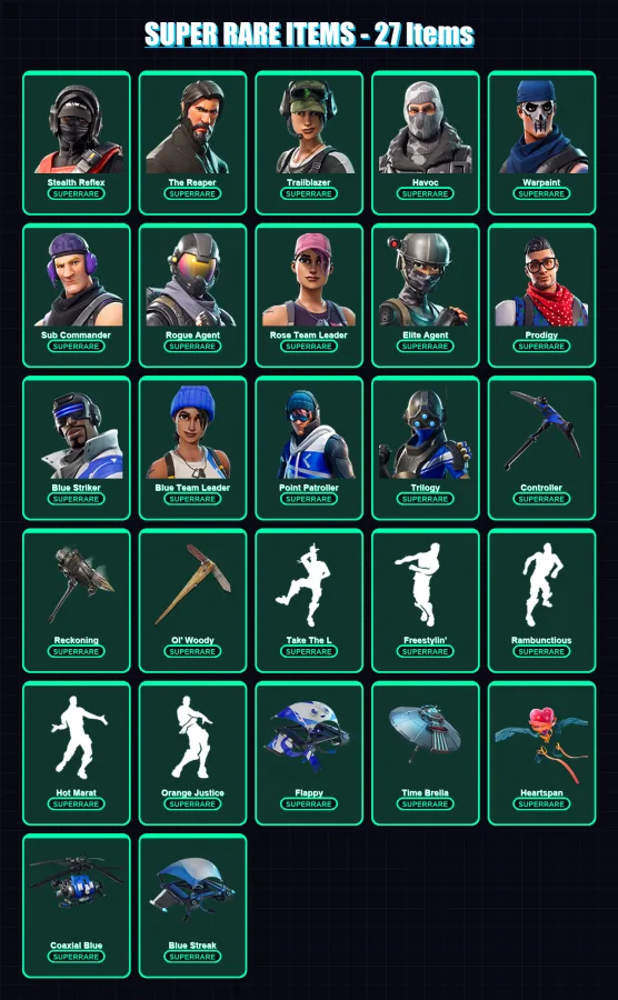[PC/XBOX/PSN] | Stealth Reflex | The Reaper | Trailblazer | Havoc | Warpaint | 103 skin | 92 pickaxe | 121 emote | 97 glider | Lv1118