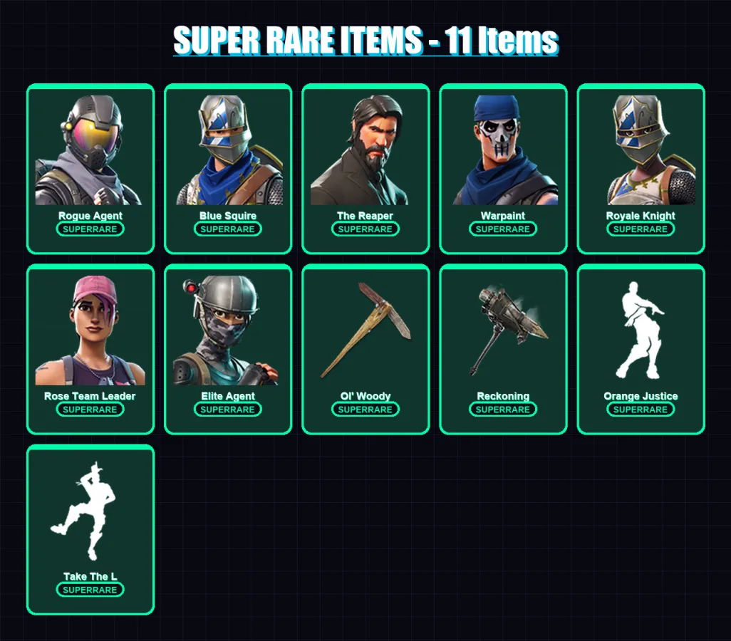 [PC/XBOX/PSN] | Rogue Agent | Blue Squire | The Reaper | Warpaint | Royale Knight | 30 skin | 26 pickaxe | 37 emote | 25 glider | Lv321