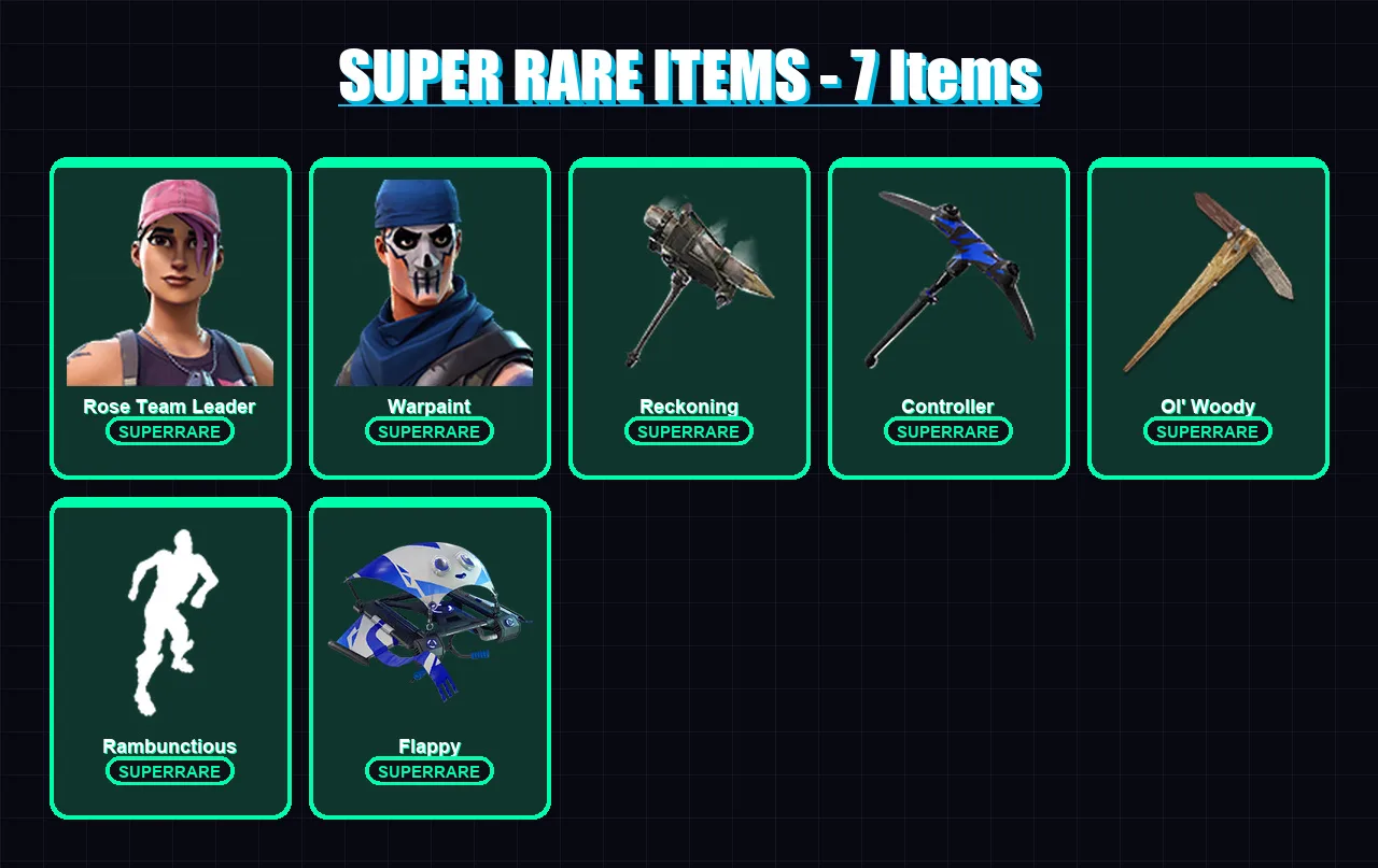 [PC/XBOX/PSN] | Rose Team Leader | Warpaint | Calamity | Ravage | Blackheart | 26 skin | 15 pickaxe | 31 emote | 17 glider | Lv109