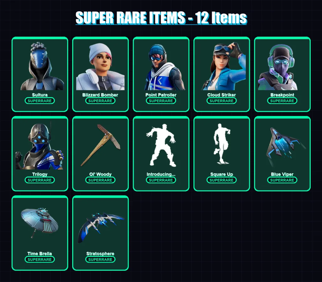 [PC] | Sultura | Blizzard Bomber | Point Patroller | Cloud Striker | Breakpoint | 104 skin | 113 pickaxe | 89 emote | 78 glider | Lv1417