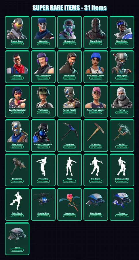 [PS4/PS5/XBOX/PC] | Rogue Agent | Warpaint | Breakpoint | Black Knight | Blue Striker | 106 skin | 66 pickaxe | 71 emote | 77 glider | Lv797