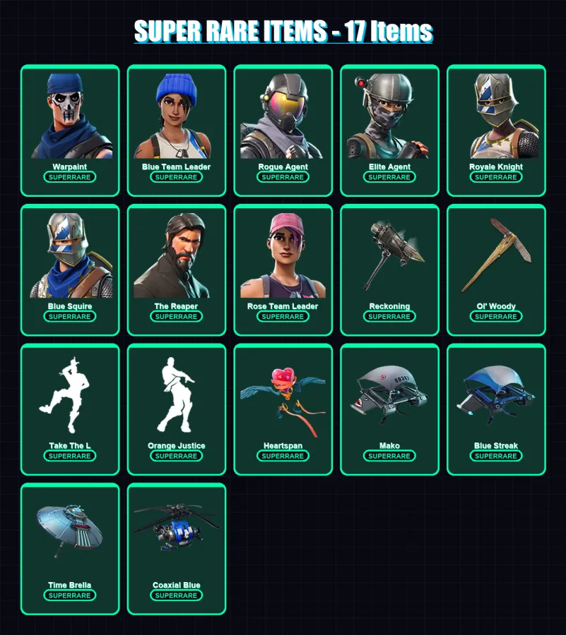 [PC/XBOX] | Warpaint | Blue Team Leader | Rogue Agent | Elite Agent | Royale Knight | 72 skin | 79 pickaxe | 67 emote | 77 glider | Lv926