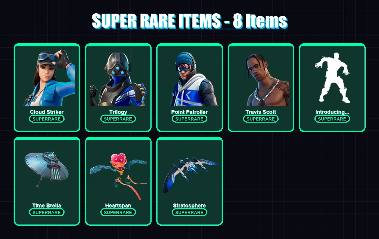 [SWITCH/XBOX/PC] | Cloud Striker | Trilogy | Point Patroller | Travis Scott | Blackheart | 49 skin | 56 pickaxe | 56 emote | 61 glider | Lv896