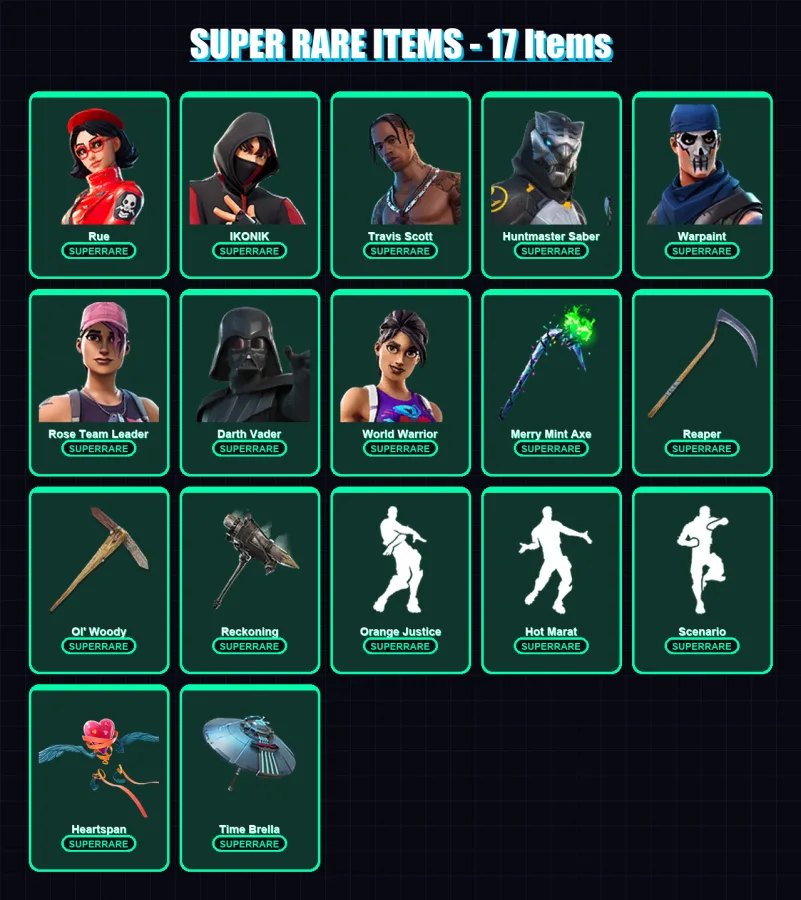 [PC/PSN] | Rue | IKONIK | Travis Scott | Huntmaster Saber | Warpaint | 170 skin | 156 pickaxe | 133 emote | 129 glider | Lv2875