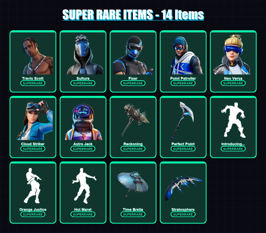 [PS4/PS5/XBOX/PC] | Travis Scott | Sultura | Fixer | Point Patroller | Neo Versa | 89 skin | 109 pickaxe | 81 emote | 98 glider | Lv1551