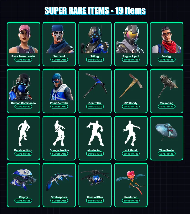 [PC/XBOX] | Rose Team Leader | Warpaint | Trilogy | Rogue Agent | Prodigy | 63 skin | 57 pickaxe | 77 emote | 69 glider | Lv791