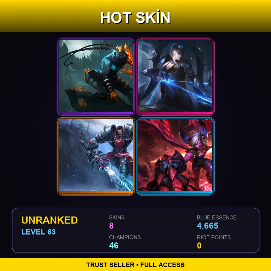 EUW | Lv63 | Unranked | 8 Skin | 46 Champ — LoL account