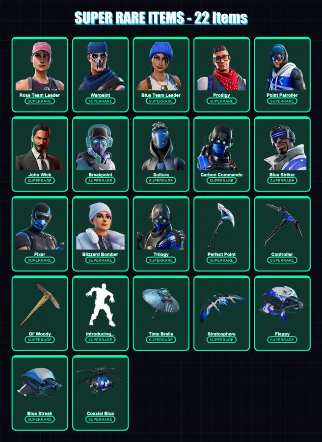 [PC/XBOX/PSN] | Rose Team Leader | Warpaint | Blue Team Leader | Prodigy | Point Patroller | 117 skin | 95 pickaxe | 75 emote | 74 glider | Lv789