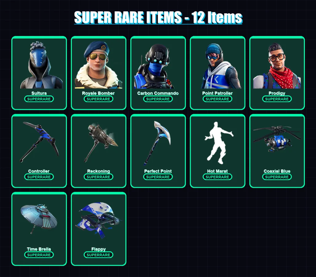 [PS4/PS5/XBOX/PC] | Sultura | Royale Bomber | Carbon Commando | Point Patroller | Prodigy | 92 skin | 80 pickaxe | 84 emote | 73 glider | Lv1031