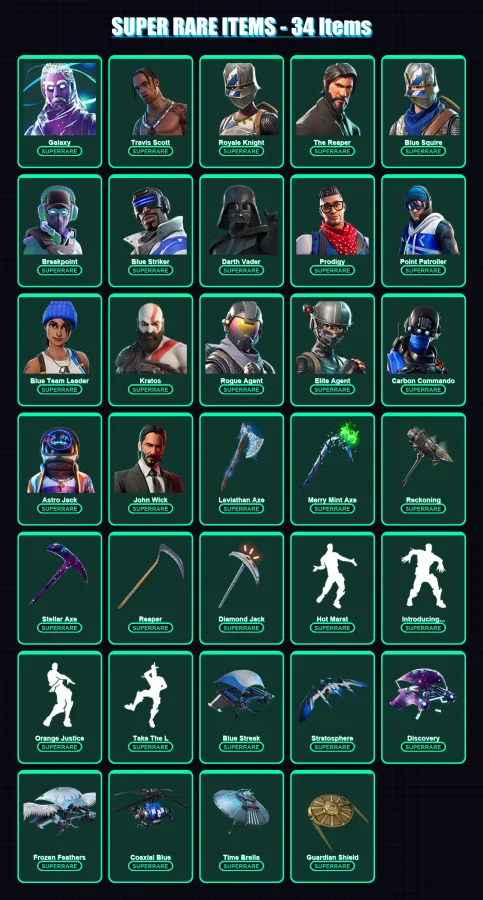 [PS4/PS5/XBOX/PC] | Galaxy | Travis Scott | Royale Knight | The Reaper | Blue Squire | 469 skin | 418 pickaxe | 339 emote | 293 glider | Lv3931