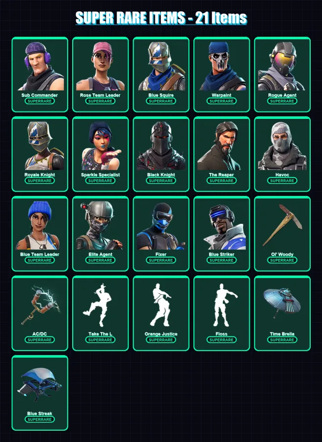 [PS4/PS5/XBOX/PC] | Sub Commander | Rose Team Leader | Blue Squire | Warpaint | Rogue Agent | 42 skin | 32 pickaxe | 35 emote | 44 glider | Lv474