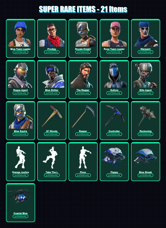 [PC/XBOX/PSN] | Blue Team Leader | Prodigy | Royale Knight | Rose Team Leader | Warpaint | 97 skin | 86 pickaxe | 91 emote | 87 glider | Lv1151