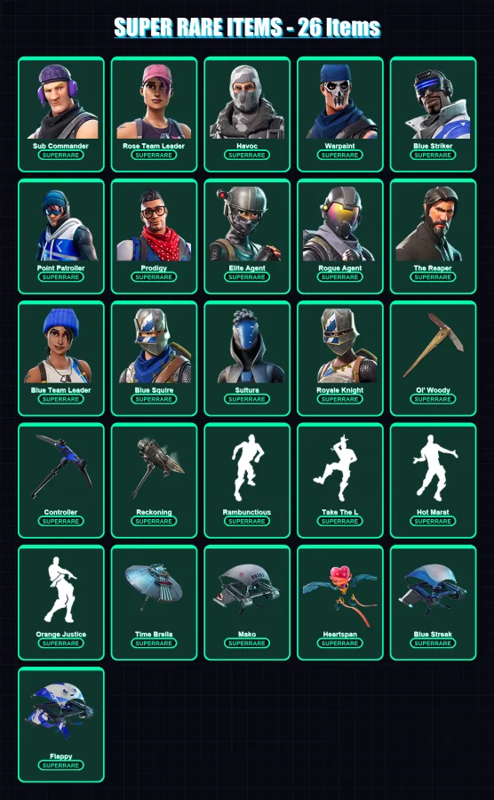 [PS4/PS5/XBOX/PC] | Sub Commander | Rose Team Leader | Havoc | Warpaint | Blue Striker | 77 skin | 104 pickaxe | 100 emote | 105 glider | Lv1861