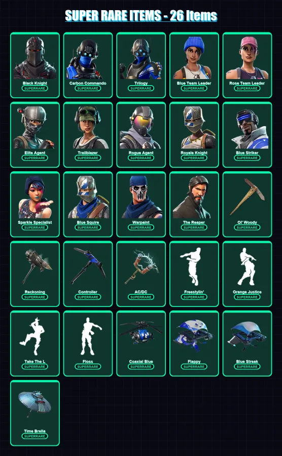 [PC] | Black Knight | Carbon Commando | Trilogy | Blue Team Leader | Rose Team Leader | 108 skin | 75 pickaxe | 84 emote | 81 glider | Lv745