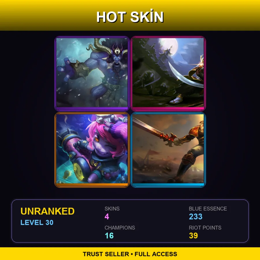 EUNE | Lv30 | Unranked | 4 Skin | 16 Champ — LoL account